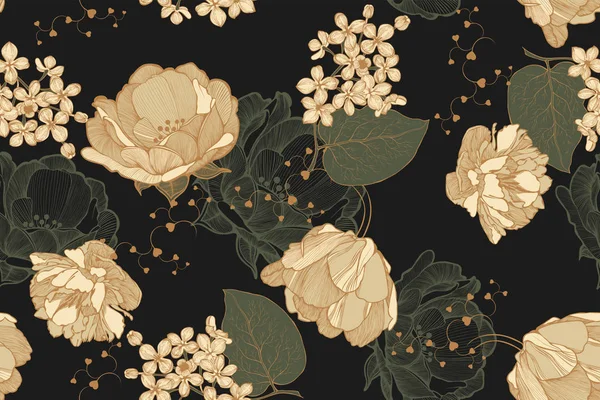 Floral Vintage naadloze patroon met rozen, tulpen en lila. Hand tekening, vector illustratie. — Stockvector