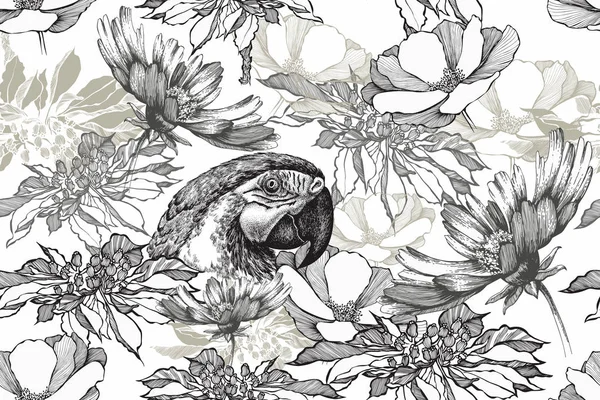 Sfondo floreale vintage senza cuciture con pappagallo e fiori. Bianco nero, disegnato a mano, illustrazione vettoriale — Vettoriale Stock