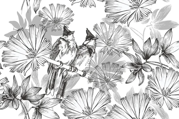 Naadloze Vintage achtergrond met twee vogels en bloemen. Wallpaper. Hand getekende, vector illustratie. — Stockvector