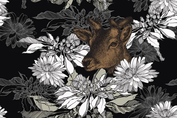 菊と鹿と花のシームレスな背景。手描き、ベクトルイラスト — ストックベクタ