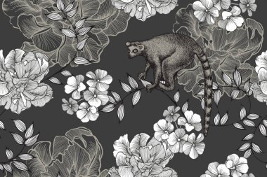 Lale ile lemur ve çiçek dikişsiz desen. Elle çizilmiş, vektör çizimi