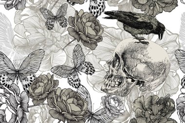 Kafatası, dikişsiz, çiçekli bir arka plan üzerinde bir kuzgun ile. Vektör illu