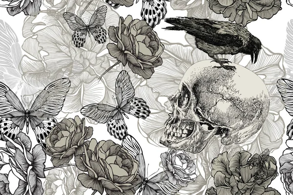Skull with a raven on a seamless, floral background. Vector illu
