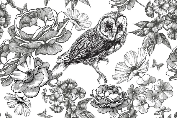Fågel Uggla och sömlös blommig bakgrund med rosor och phloxes. Stockillustration