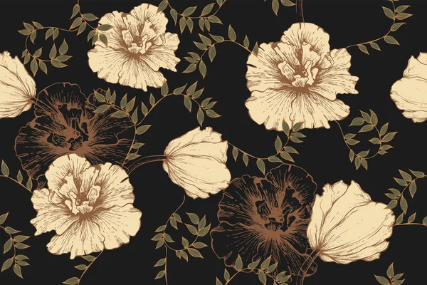 Hibiskus och tulpaner på sömlös Vintage bakgrund. Handritade, Royaltyfria illustrationer
