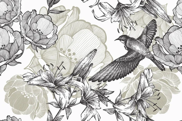 百合花和玫瑰的花卉背景上的飞鸟。无缝 矢量图形