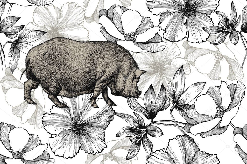 Pig with roses, snowdrops and hibiscus, seamless pattern. Hand-d