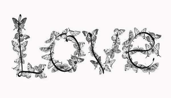 Diseño de letras de amor con mariposas. Dibujo a mano, vector enfermo — Vector de stock