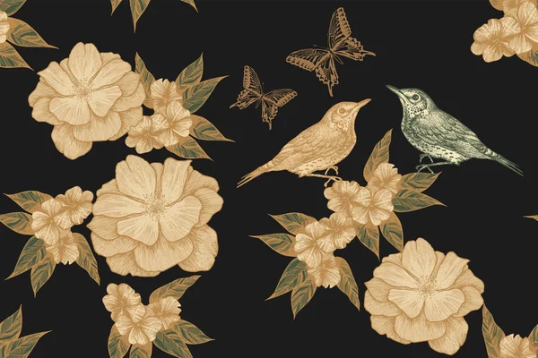 Нежный цветочный узор с птицами, розами и бабочками. Рука - Стоковый вектор