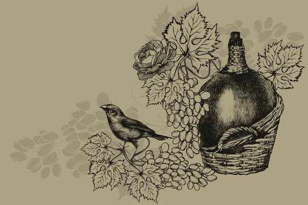 Bottiglia d'annata di vino, uva matura e uccello seduto. Vintage ba — Vettoriale Stock
