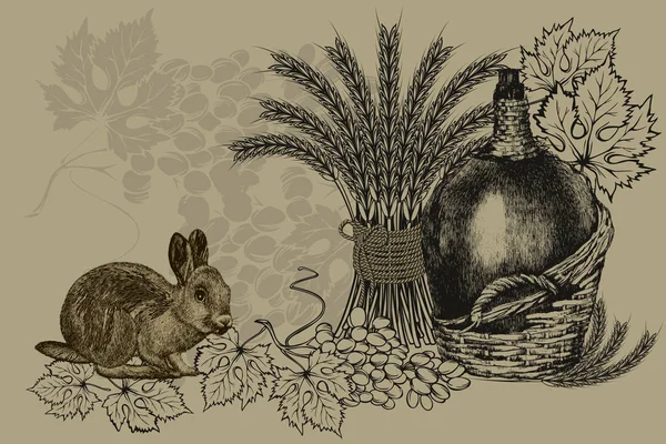 Вінтажний фон з пляшкою вина, пшеничними вухами, кроликом Ліцензійні Стокові Вектори
