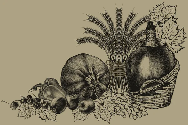 Comida biológica. Cosecha, hortalizas frescas, frutas y espigas — Archivo Imágenes Vectoriales