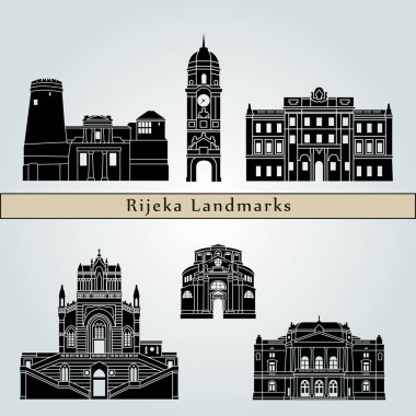 Rijeka landmarks and monuments isolated on blue background in editable vector file clipart