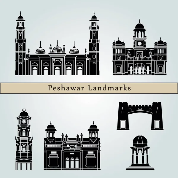 Peshawar Landmarks Monuments Isolated Blue Background Editable Vector File — Stock Vector