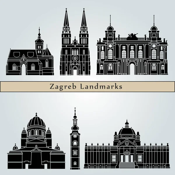 ザグレブのランドマークやモニュメントを編集可能なベクトル ファイルに青色の背景に分離 — ストックベクタ