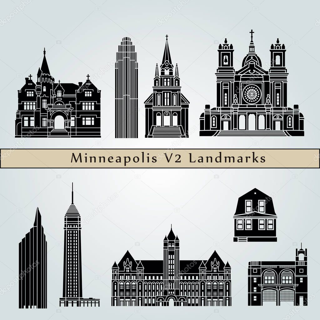 Minneapolis landmarks and monuments isolated on blue background in editable vector file