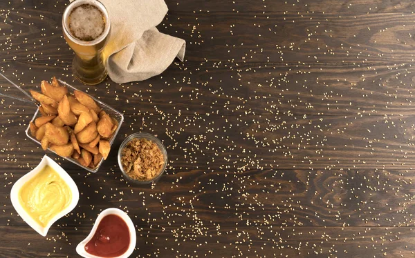 Patatoes Moztaza Kepchup Wooden Table Top View — Stock Photo, Image