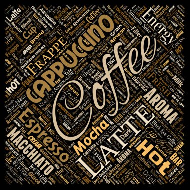 Vektör kavramsal yaratıcı sıcak sabah İtalyan kahve molası cappuccino veya espresso restoran veya kafeterya kare izole kırmızı içecek kelime bulutu. Enerji ya da tat içecek konsepti metin bir sıçrama