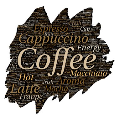 İtalyan kahve molası, cappuccino veya espresso restoran veya kafeterya fırça veya kağıt içecek kelime bulutu izole kavramsal yaratıcı sıcak sabah vektör. Enerji ya da tat içecek konsepti metin bir sıçrama