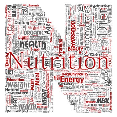 Vektör kavramsal beslenme sağlık diyet mektup yazı tipi N kelime izole arka plan bulut. Karbonhidratlar, vitaminler, yağ, ağırlık, enerji, antioksidanlar güzellik mineral, protein tıp kavramı kolaj