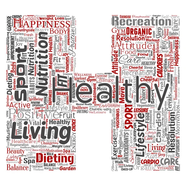 ベクトル概念健康肯定的な栄養スポーツ文字フォント の単語はクラウド孤立した背景です 幸福のケア レクリエーション運動 重要な医療スパのコンセプトのコラージュ — ストックベクタ