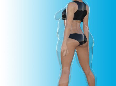 Kavramsal şişman kilolu obez kadın vs fit sağlıklı vücut Kilo kaybını takiben ince ya da kas ince genç kadınla mavi diyet. 
