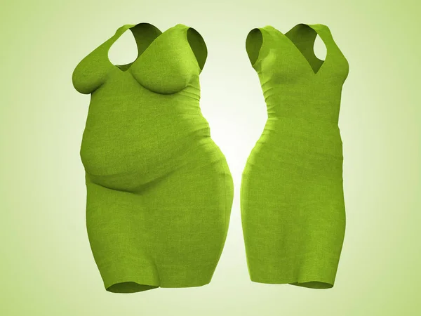 概念的な脂肪肥満肥満女性ドレス衣装 減量後適合の健康的なボディをスリムまたは緑の薄い若い女性のダイエット — ストック写真