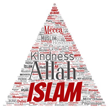 Vektör kavramsal islam, Peygamber, cami üçgen kırmızı ok kelime izole bulut arka plan. 