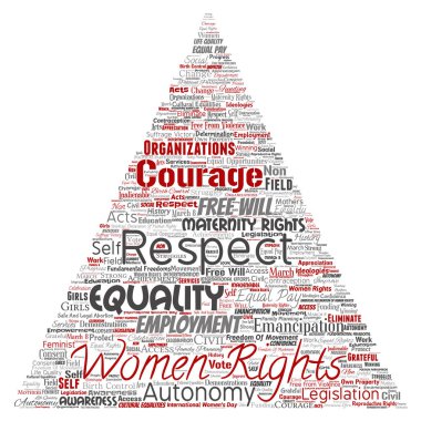 Vektör kavramsal kadın hakları, eşitlik, serbest üçgen kırmızı ok kelime izole bulut arka plan.