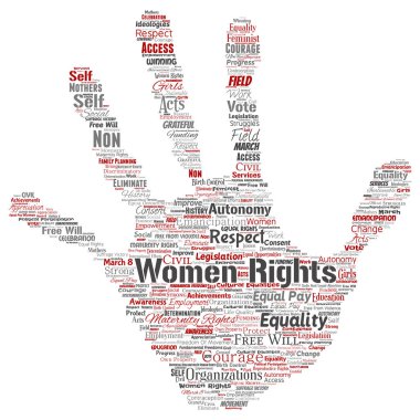 Vektör kavramsal kadın hakları, eşitlik, serbest el baskı damga kelime izole bulut arka plan.