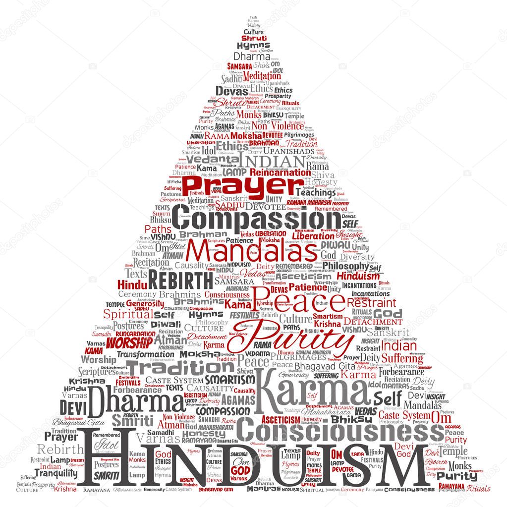 Vector conceptual hinduism, shiva, rama, yoga triangle arrow red word cloud isolated background. 