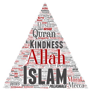 Vektör kavramsal islam, Peygamber, cami üçgen kırmızı ok kelime izole bulut arka plan. Müslüman, ramadam, Kur'an-ı Kerim, hac, Allah'ın, görevleri, sanat, hat, oryantal, gelenek kavramı kolaj