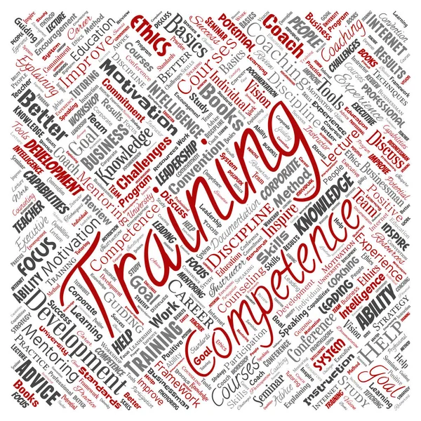 Formación Conceptual Vectorial Coaching Aprendizaje Estudio Cuadrado Nube Palabra Roja — Vector de stock