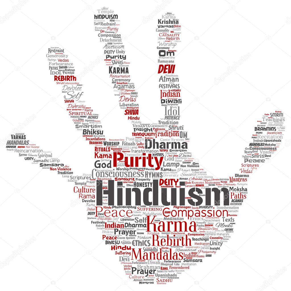 Vector conceptual hinduism, shiva, rama, yoga hand print stamp word cloud isolated background. Collage of mandalas, samsara, celebration, tradition, peace, compassion, rebirth, karma, dharma concept