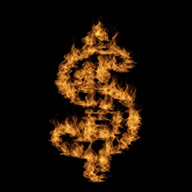 Kavramsal sıcak ateşli yanan alev doları sembolü siyah arka plan üzerine ateş yanan yaptı.