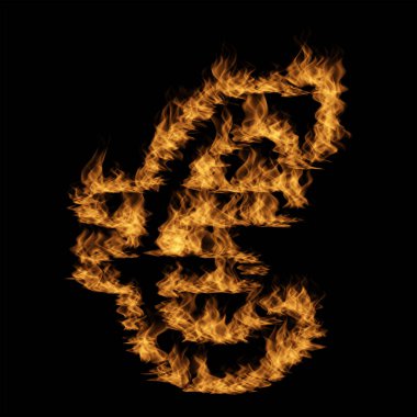 Siyah arka plan üzerine ateş yanan kavramsal sıcak ateşli yanan alev euro simgesini yapılan.