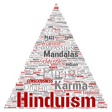 Hinduizm, shiva, rama, yoga üçgen ok kırmızı kelime bulut beyaz arka plan üzerinde izole