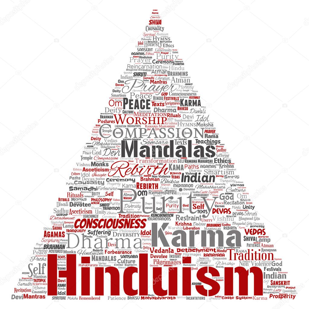 Hinduism, shiva, rama, yoga triangular arrow red word cloud isolated on white background