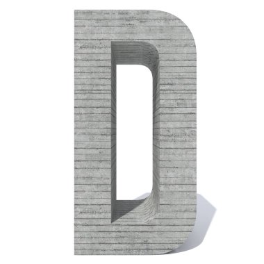 Kavramsal gri ağır kaba beton inşa yazı tipi veya türü, İnşaat Sanayi izole parça beyaz arka plan. Eğitici mimari malzeme, yaşlı doku yüzeyi 3d çizim tasarım olarak. Harf d