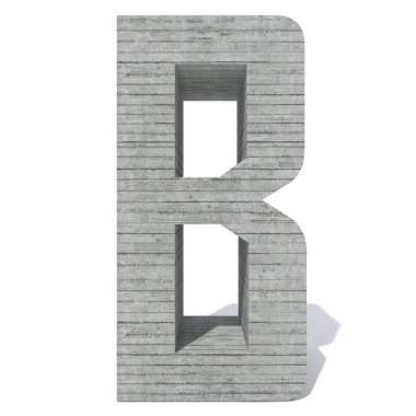 Kavramsal gri ağır kaba beton inşa yazı tipi veya türü, İnşaat Sanayi izole parça beyaz arka plan. Eğitici mimari malzeme, yaşlı doku yüzeyi 3d çizim tasarım olarak. Mektup b