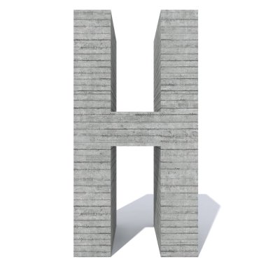 Kavramsal gri ağır kaba beton inşa yazı tipi veya türü, İnşaat Sanayi izole parça beyaz arka plan. Eğitici mimari malzeme, yaşlı doku yüzeyi 3d çizim tasarım olarak. H harfi