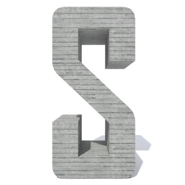 Kavramsal gri ağır kaba beton inşa yazı tipi veya türü, İnşaat Sanayi izole parça beyaz arka plan. Eğitici mimari malzeme, yaşlı doku yüzeyi 3d çizim tasarım olarak. S harfi