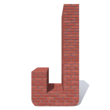 Kavramsal kırmızı ağır kaba duvar inşa yazı tipi veya türü, tuğla İnşaat Sanayi parça beyaz arka plan izole. Eğitici mimari malzeme, yaşlı doku yüzey 3d çizim tasarım. Harf j