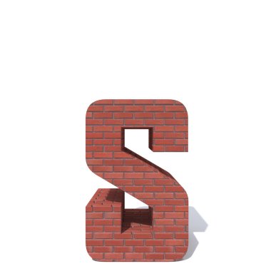 Kavramsal kırmızı ağır kaba duvar inşa yazı tipi veya türü, tuğla İnşaat Sanayi parça beyaz arka plan izole. Eğitici mimari malzeme, yaşlı doku yüzey 3d çizim tasarım. S harfi