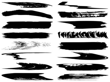 Beyaz arka planda sanatsal grungy siyah el vektör koleksiyonu, yaratıcı fırça darbesi setini izole etti. Tasarım eğitimi veya grafik sanat dekorasyonu için bir grup soyut grunge çizimi
