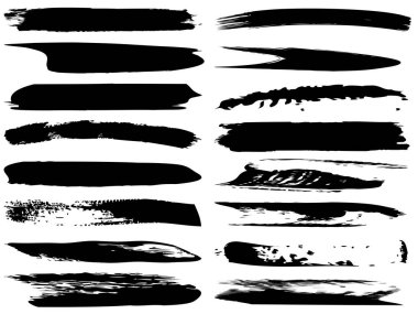 Beyaz arka planda sanatsal grungy siyah el vektör koleksiyonu, yaratıcı fırça darbesi setini izole etti. Tasarım eğitimi veya grafik sanat dekorasyonu için bir grup soyut grunge çizimi