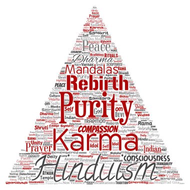 Vektör kavramsal Hinduizm, shiva, rama, yoga üçgen kırmızı ok kelime izole arka plan bulut. Mandalalar, samsara, kutlama, gelenek, barış, merhamet, yeniden doğuş, karma, dharma kavramı kolaj