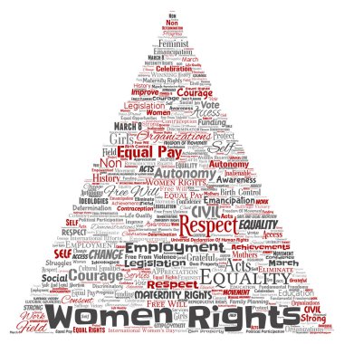 Vektör kavramsal kadın hakları, eşitlik, serbest üçgen kırmızı ok kelime izole bulut arka plan. Feminizm, güçlendirme, dürüstlük, fırsatları, Farkındalık, cesaret, eğitim, kolaj saygı kavramı
