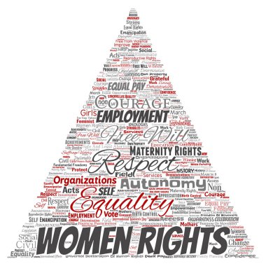 Vektör kavramsal kadın hakları, eşitlik, serbest üçgen kırmızı ok kelime izole bulut arka plan. Feminizm, güçlendirme, dürüstlük, fırsatları, Farkındalık, cesaret, eğitim, kolaj saygı kavramı