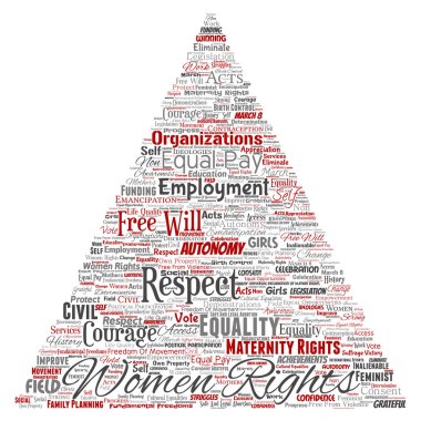 Vektör kavramsal kadın hakları, eşitlik, serbest üçgen kırmızı ok kelime izole bulut arka plan. Feminizm, güçlendirme, dürüstlük, fırsatları, Farkındalık, cesaret, eğitim, kolaj saygı kavramı